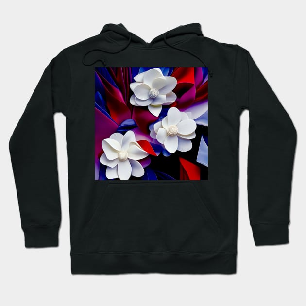 White Flowers on Red and Blue Hoodie by DANAROPER